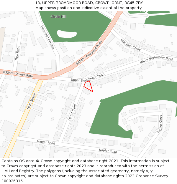 18, UPPER BROADMOOR ROAD, CROWTHORNE, RG45 7BY: Location map and indicative extent of plot