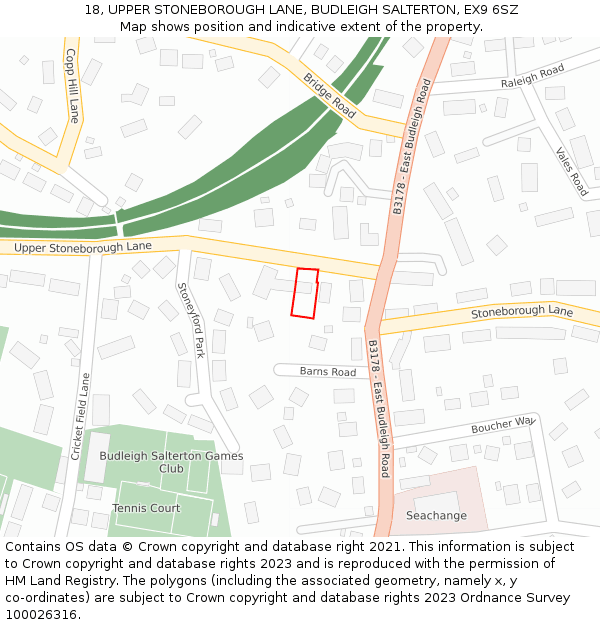 18, UPPER STONEBOROUGH LANE, BUDLEIGH SALTERTON, EX9 6SZ: Location map and indicative extent of plot