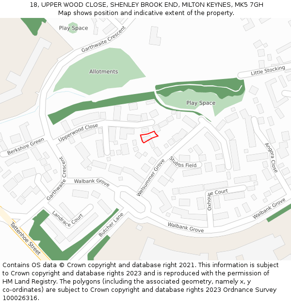 18, UPPER WOOD CLOSE, SHENLEY BROOK END, MILTON KEYNES, MK5 7GH: Location map and indicative extent of plot