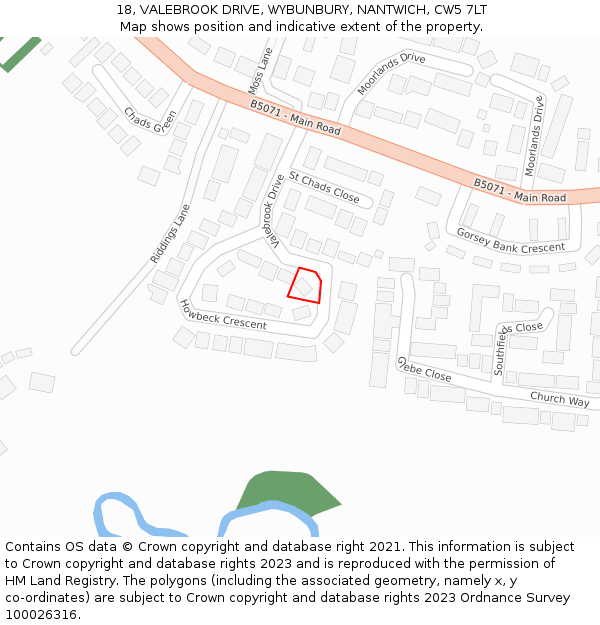 18, VALEBROOK DRIVE, WYBUNBURY, NANTWICH, CW5 7LT: Location map and indicative extent of plot