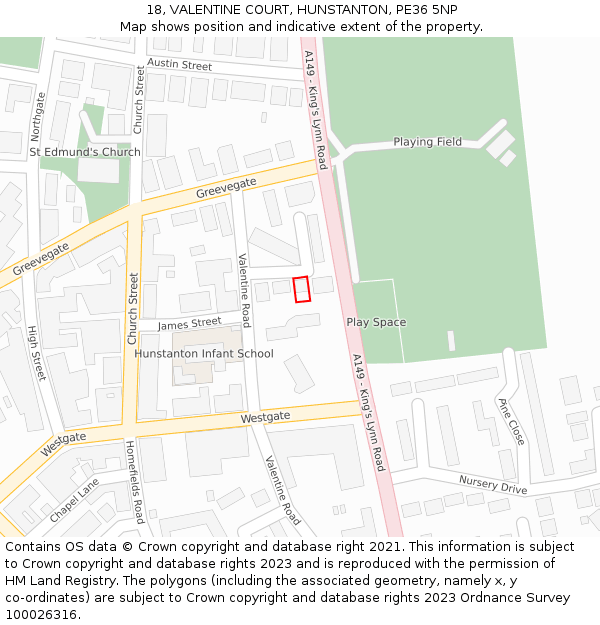 18, VALENTINE COURT, HUNSTANTON, PE36 5NP: Location map and indicative extent of plot
