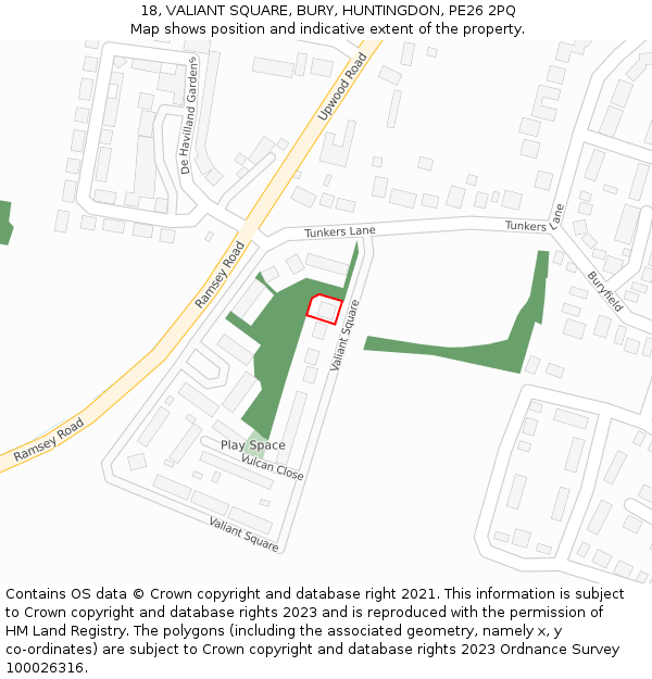 18, VALIANT SQUARE, BURY, HUNTINGDON, PE26 2PQ: Location map and indicative extent of plot