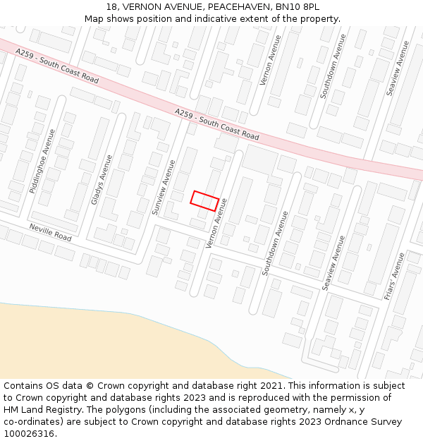 18, VERNON AVENUE, PEACEHAVEN, BN10 8PL: Location map and indicative extent of plot