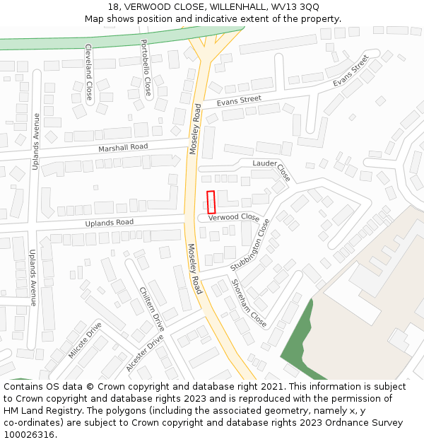 18, VERWOOD CLOSE, WILLENHALL, WV13 3QQ: Location map and indicative extent of plot