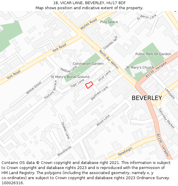 18, VICAR LANE, BEVERLEY, HU17 8DF: Location map and indicative extent of plot