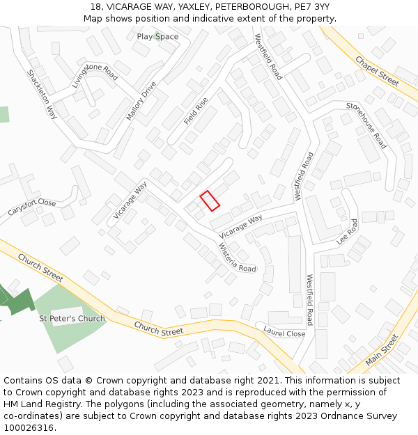 18, VICARAGE WAY, YAXLEY, PETERBOROUGH, PE7 3YY: Location map and indicative extent of plot