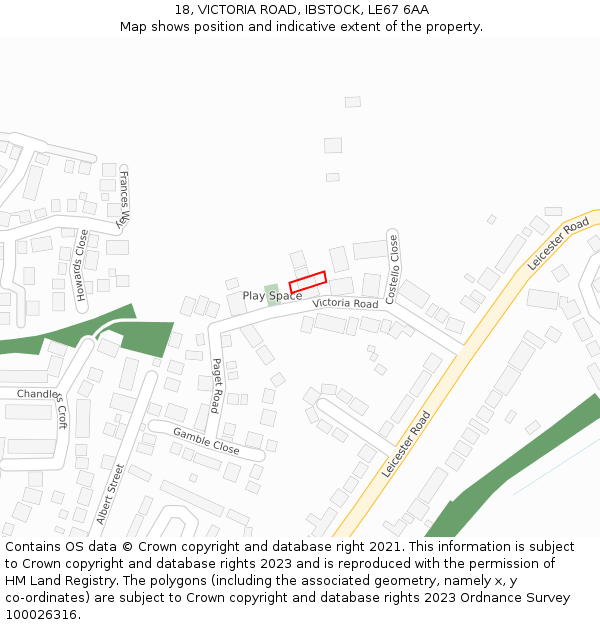 18, VICTORIA ROAD, IBSTOCK, LE67 6AA: Location map and indicative extent of plot