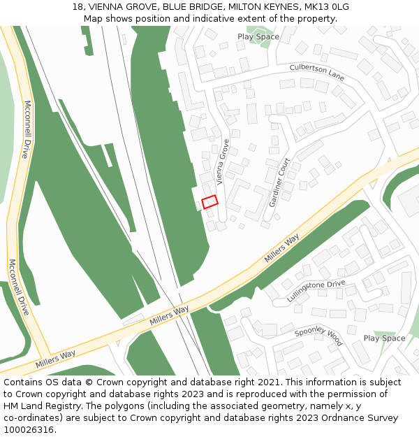 18, VIENNA GROVE, BLUE BRIDGE, MILTON KEYNES, MK13 0LG: Location map and indicative extent of plot