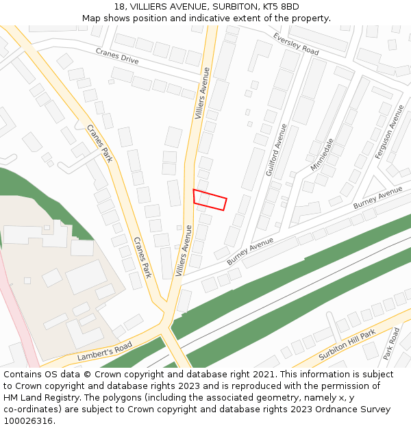 18, VILLIERS AVENUE, SURBITON, KT5 8BD: Location map and indicative extent of plot