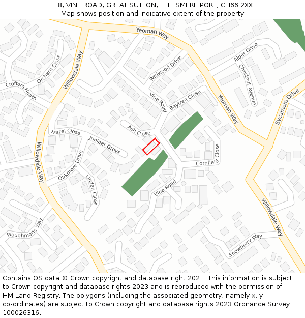 18, VINE ROAD, GREAT SUTTON, ELLESMERE PORT, CH66 2XX: Location map and indicative extent of plot