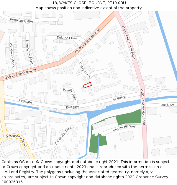 18, WAKES CLOSE, BOURNE, PE10 0BU: Location map and indicative extent of plot