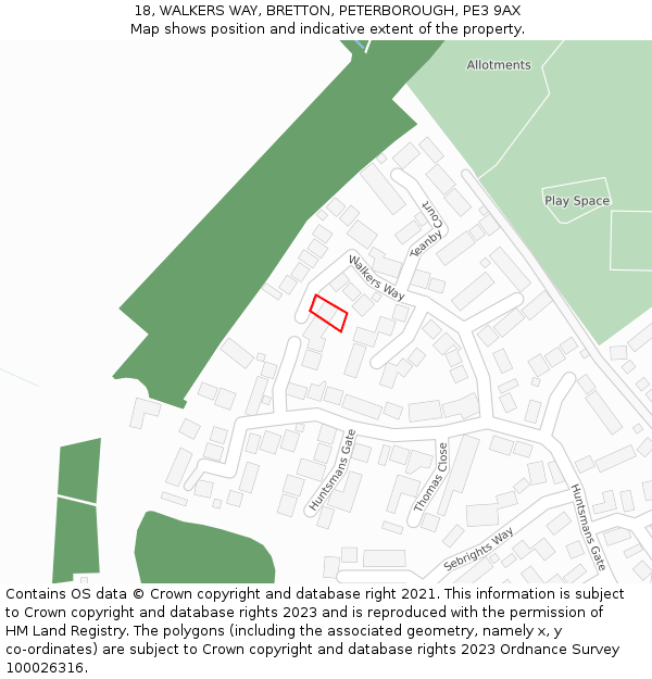 18, WALKERS WAY, BRETTON, PETERBOROUGH, PE3 9AX: Location map and indicative extent of plot