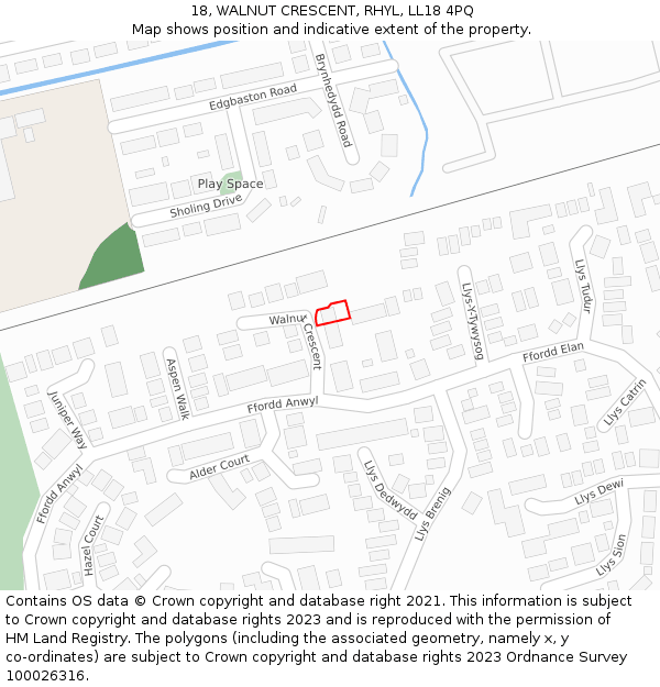 18, WALNUT CRESCENT, RHYL, LL18 4PQ: Location map and indicative extent of plot