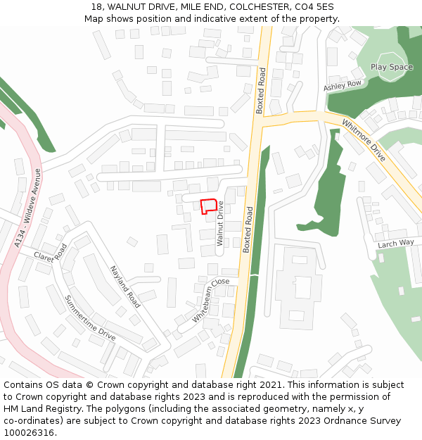 18, WALNUT DRIVE, MILE END, COLCHESTER, CO4 5ES: Location map and indicative extent of plot