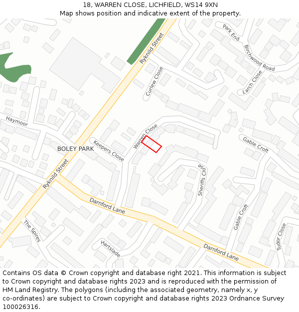 18, WARREN CLOSE, LICHFIELD, WS14 9XN: Location map and indicative extent of plot