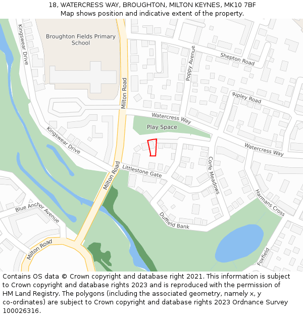 18, WATERCRESS WAY, BROUGHTON, MILTON KEYNES, MK10 7BF: Location map and indicative extent of plot