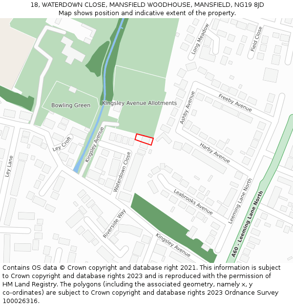 18, WATERDOWN CLOSE, MANSFIELD WOODHOUSE, MANSFIELD, NG19 8JD: Location map and indicative extent of plot