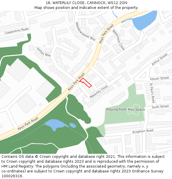 18, WATERLILY CLOSE, CANNOCK, WS12 2GN: Location map and indicative extent of plot