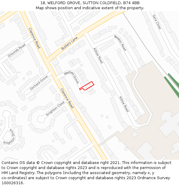 18, WELFORD GROVE, SUTTON COLDFIELD, B74 4BB: Location map and indicative extent of plot