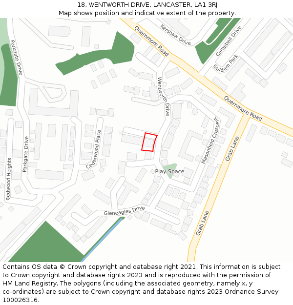 18, WENTWORTH DRIVE, LANCASTER, LA1 3RJ: Location map and indicative extent of plot