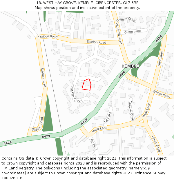 18, WEST HAY GROVE, KEMBLE, CIRENCESTER, GL7 6BE: Location map and indicative extent of plot