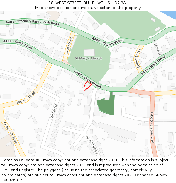 18, WEST STREET, BUILTH WELLS, LD2 3AL: Location map and indicative extent of plot