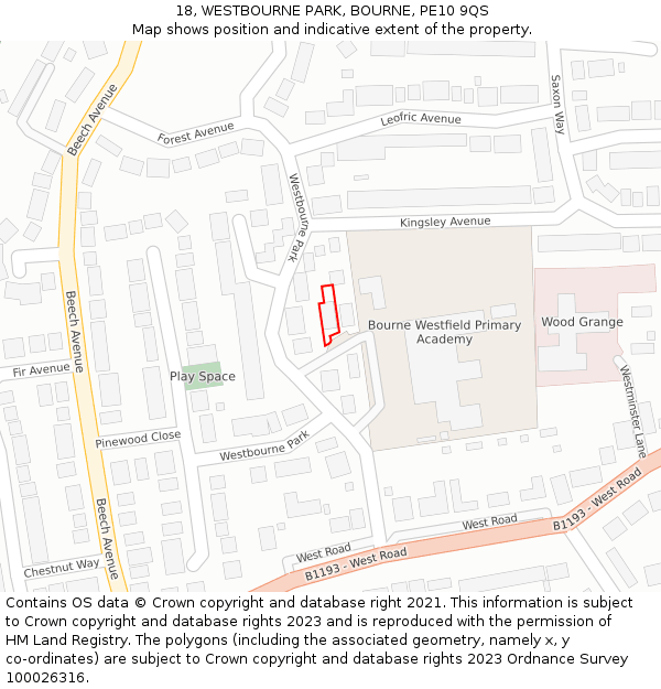 18, WESTBOURNE PARK, BOURNE, PE10 9QS: Location map and indicative extent of plot