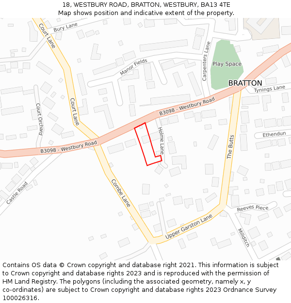 18, WESTBURY ROAD, BRATTON, WESTBURY, BA13 4TE: Location map and indicative extent of plot