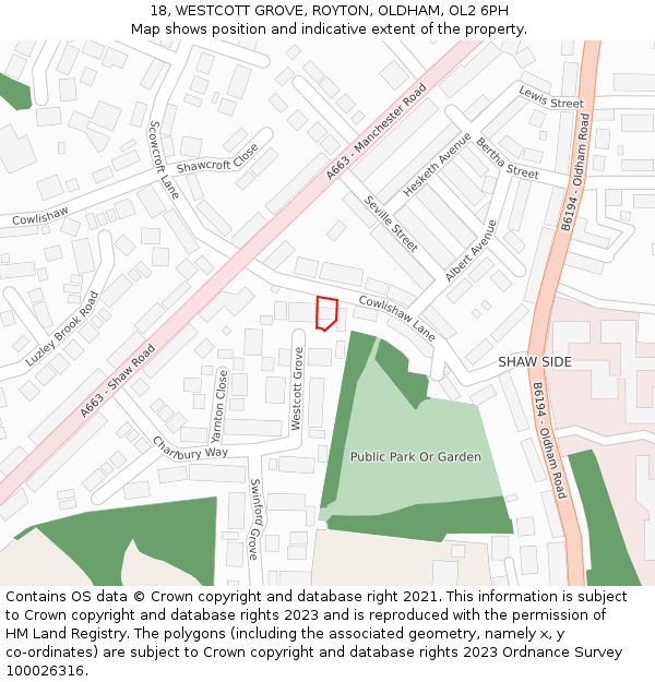 18, WESTCOTT GROVE, ROYTON, OLDHAM, OL2 6PH: Location map and indicative extent of plot