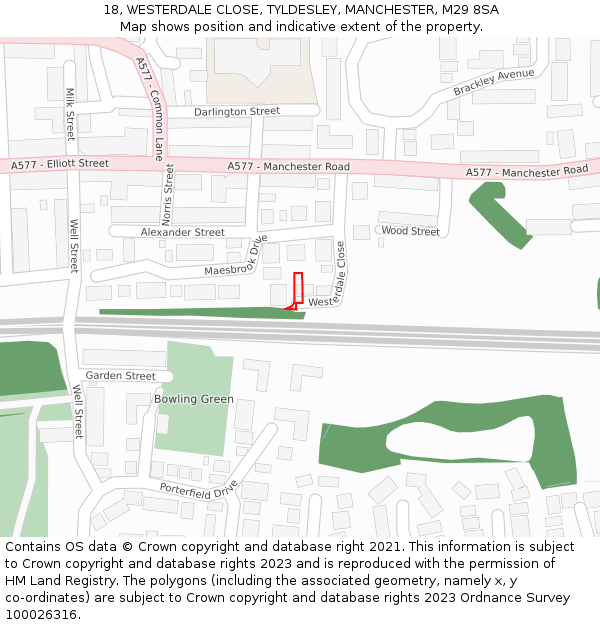 18, WESTERDALE CLOSE, TYLDESLEY, MANCHESTER, M29 8SA: Location map and indicative extent of plot