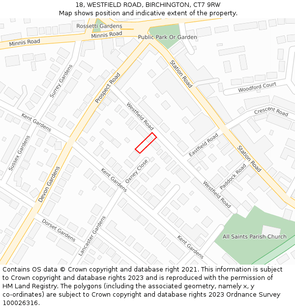 18, WESTFIELD ROAD, BIRCHINGTON, CT7 9RW: Location map and indicative extent of plot