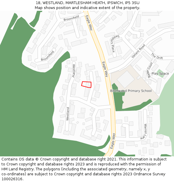 18, WESTLAND, MARTLESHAM HEATH, IPSWICH, IP5 3SU: Location map and indicative extent of plot