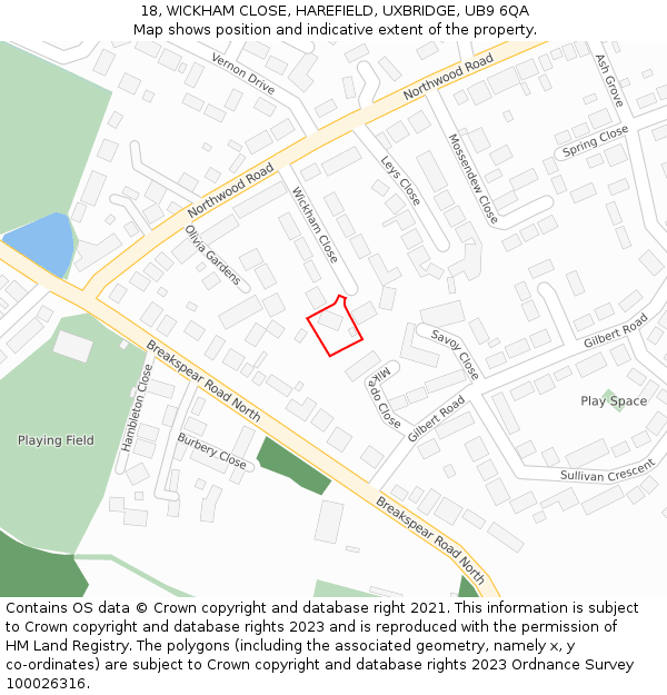 18, WICKHAM CLOSE, HAREFIELD, UXBRIDGE, UB9 6QA: Location map and indicative extent of plot