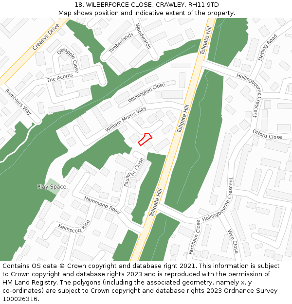 18, WILBERFORCE CLOSE, CRAWLEY, RH11 9TD: Location map and indicative extent of plot