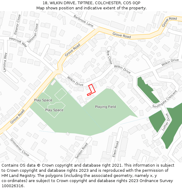 18, WILKIN DRIVE, TIPTREE, COLCHESTER, CO5 0QP: Location map and indicative extent of plot