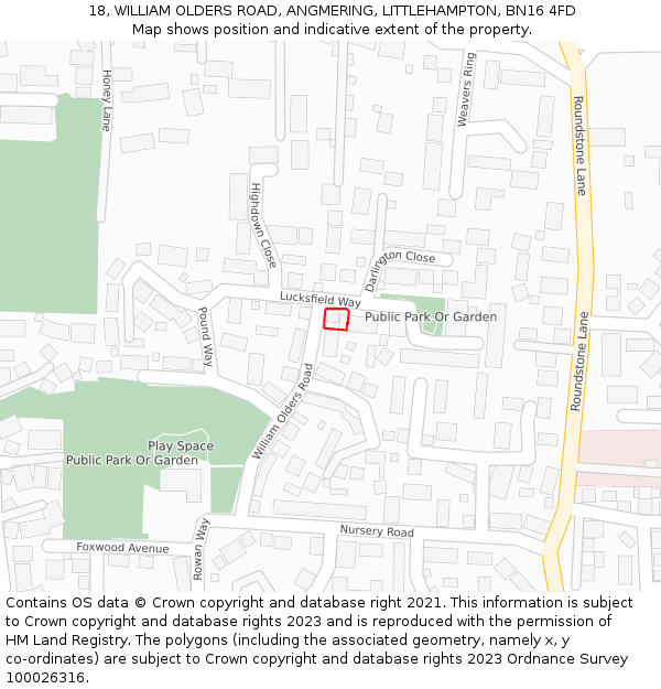 18, WILLIAM OLDERS ROAD, ANGMERING, LITTLEHAMPTON, BN16 4FD: Location map and indicative extent of plot