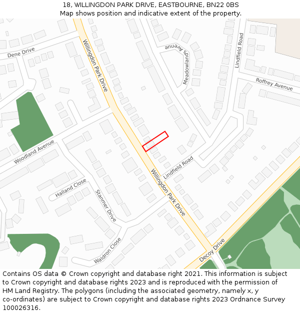 18, WILLINGDON PARK DRIVE, EASTBOURNE, BN22 0BS: Location map and indicative extent of plot