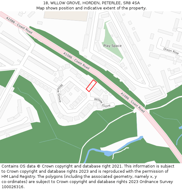 18, WILLOW GROVE, HORDEN, PETERLEE, SR8 4SA: Location map and indicative extent of plot