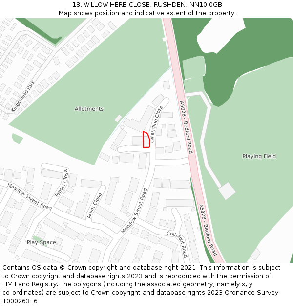 18, WILLOW HERB CLOSE, RUSHDEN, NN10 0GB: Location map and indicative extent of plot
