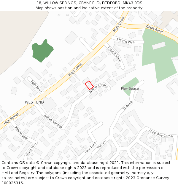 18, WILLOW SPRINGS, CRANFIELD, BEDFORD, MK43 0DS: Location map and indicative extent of plot