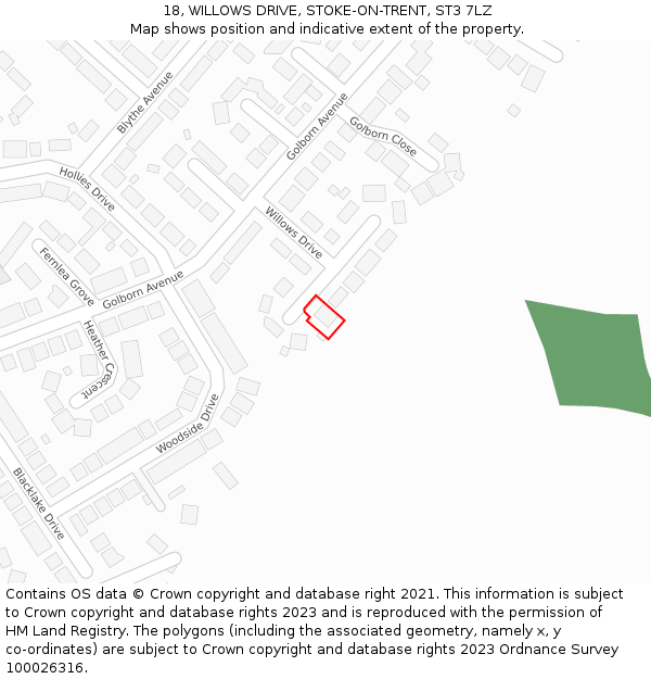 18, WILLOWS DRIVE, STOKE-ON-TRENT, ST3 7LZ: Location map and indicative extent of plot