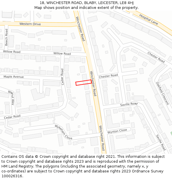 18, WINCHESTER ROAD, BLABY, LEICESTER, LE8 4HJ: Location map and indicative extent of plot