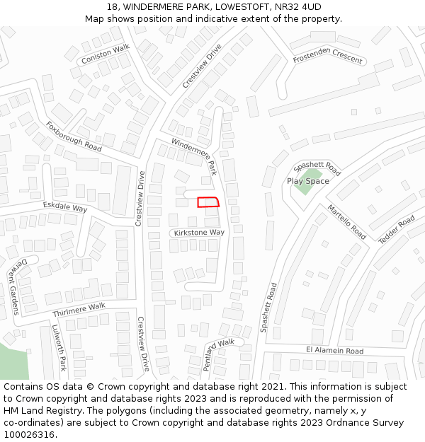 18, WINDERMERE PARK, LOWESTOFT, NR32 4UD: Location map and indicative extent of plot