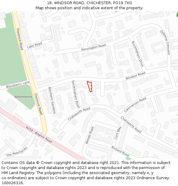 18, WINDSOR ROAD, CHICHESTER, PO19 7XG: Location map and indicative extent of plot