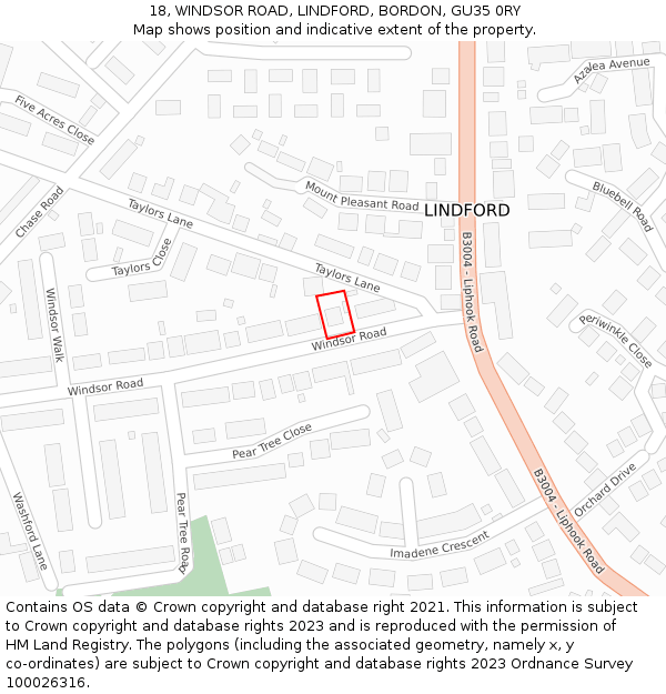 18, WINDSOR ROAD, LINDFORD, BORDON, GU35 0RY: Location map and indicative extent of plot