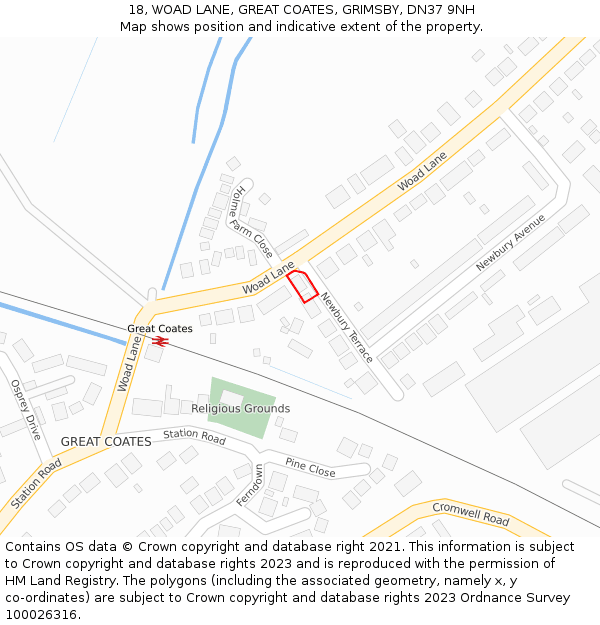 18, WOAD LANE, GREAT COATES, GRIMSBY, DN37 9NH: Location map and indicative extent of plot