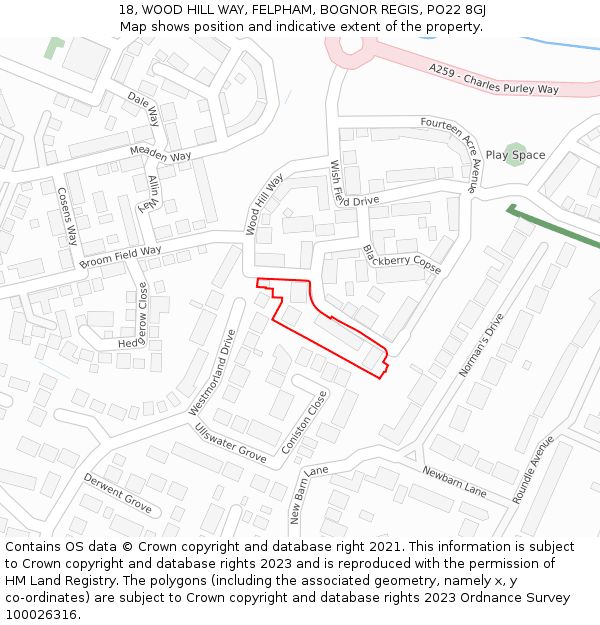 18, WOOD HILL WAY, FELPHAM, BOGNOR REGIS, PO22 8GJ: Location map and indicative extent of plot