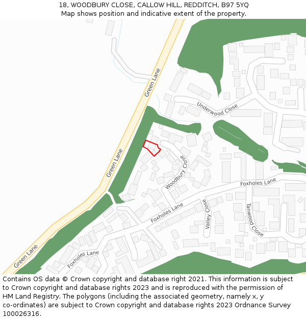 18, WOODBURY CLOSE, CALLOW HILL, REDDITCH, B97 5YQ: Location map and indicative extent of plot