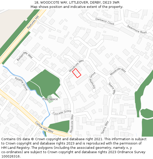 18, WOODCOTE WAY, LITTLEOVER, DERBY, DE23 3WR: Location map and indicative extent of plot