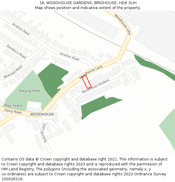 18, WOODHOUSE GARDENS, BRIGHOUSE, HD6 3UH: Location map and indicative extent of plot